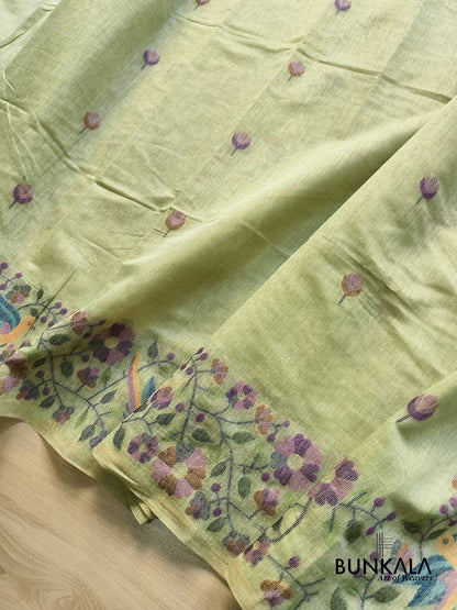 Pista Green Birds & Floral Motif Meenakari Weaved Banarasi Cotton Saree