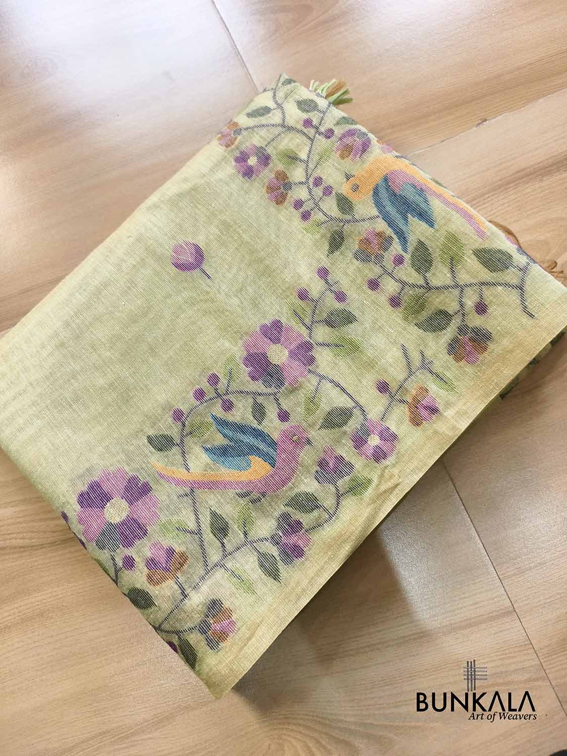 Pista Green Birds & Floral Motif Meenakari Weaved Banarasi Cotton Saree