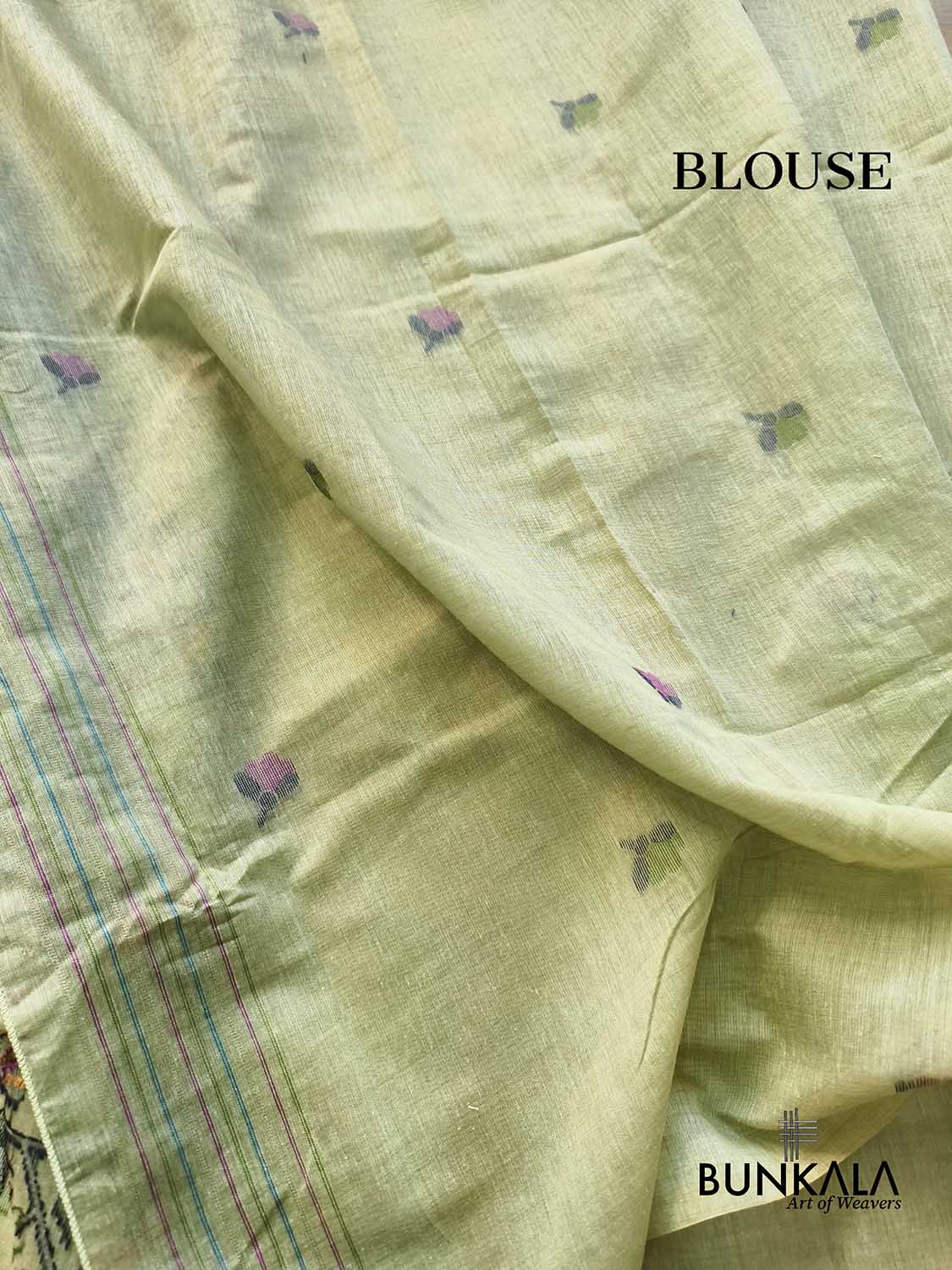 Pista Green Birds & Floral Motif Meenakari Weaved Banarasi Cotton Saree