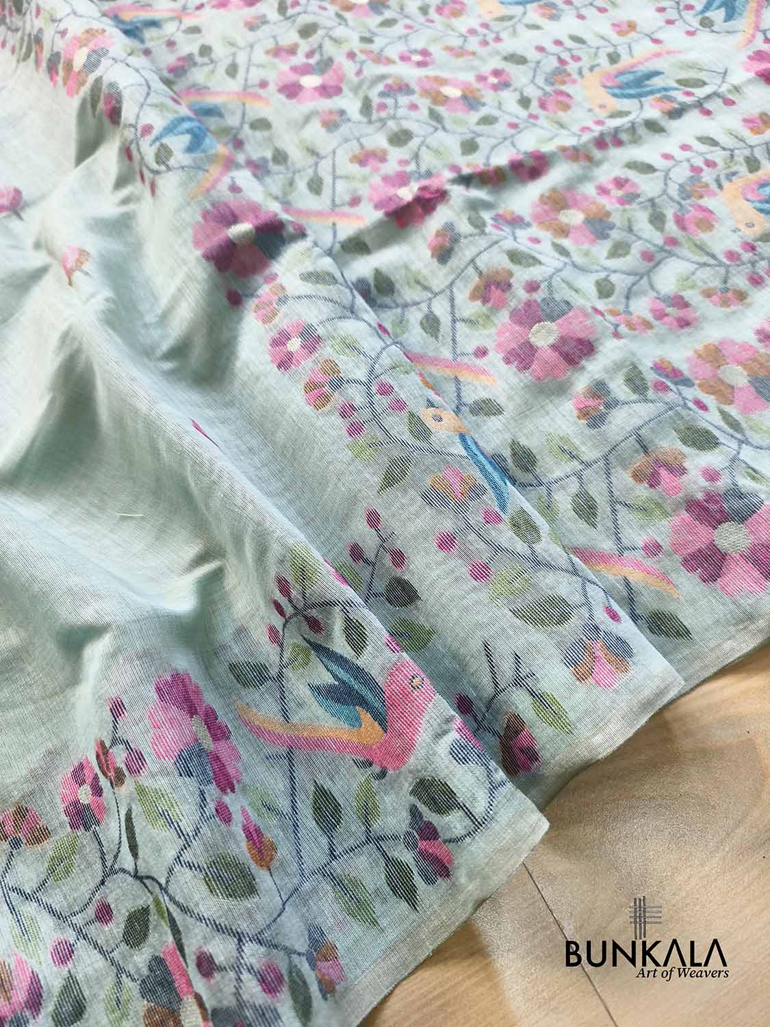 Ice Blue Birds & Floral Motif Meenakari Weaved Banarasi Cotton Saree