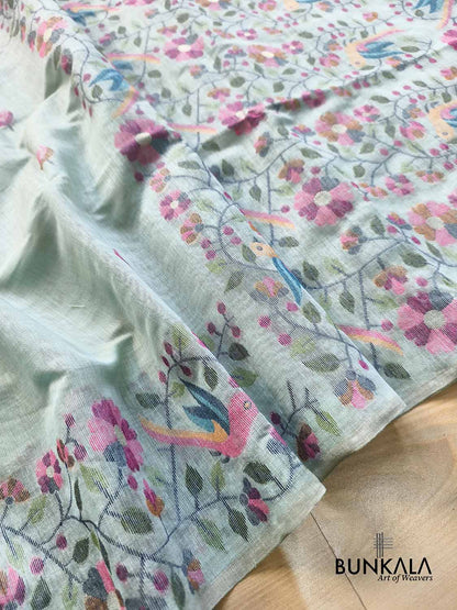 Ice Blue Birds & Floral Motif Meenakari Weaved Banarasi Cotton Saree