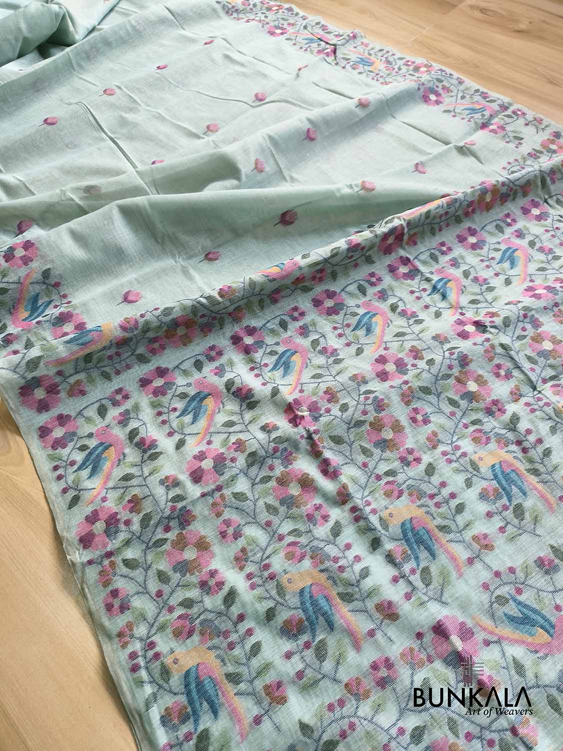 Ice Blue Birds & Floral Motif Meenakari Weaved Banarasi Cotton Saree