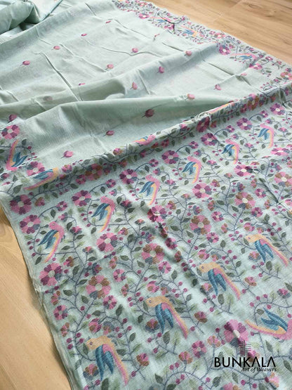 Ice Blue Birds & Floral Motif Meenakari Weaved Banarasi Cotton Saree