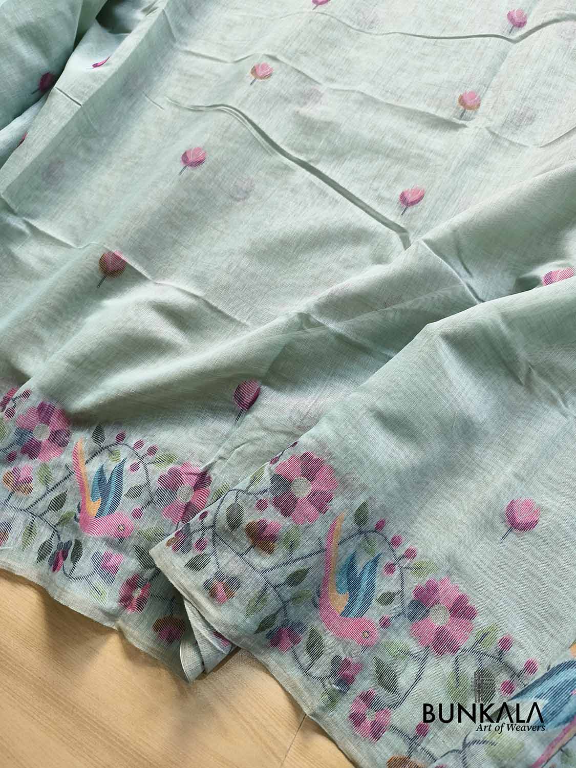 Ice Blue Birds & Floral Motif Meenakari Weaved Banarasi Cotton Saree