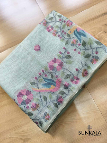 Ice Blue Birds & Floral Motif Meenakari Weaved Banarasi Cotton Saree