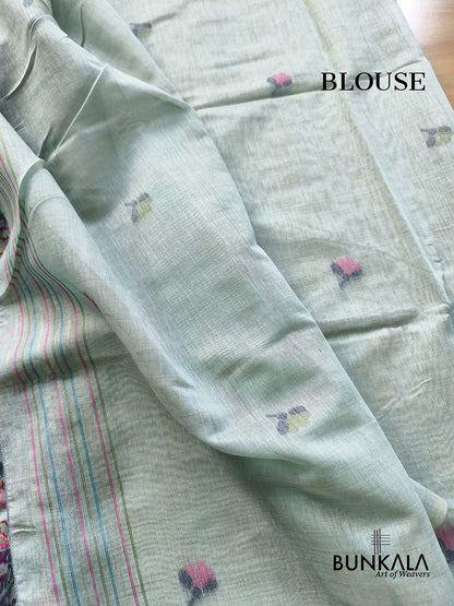 Ice Blue Birds & Floral Motif Meenakari Weaved Banarasi Cotton Saree