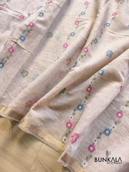 Ivory Rangkat Big Flower Motif Pallu Weaved Banarasi Cotton Saree