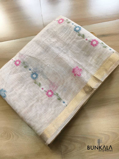 Ivory Rangkat Big Flower Motif Pallu Weaved Banarasi Cotton Saree