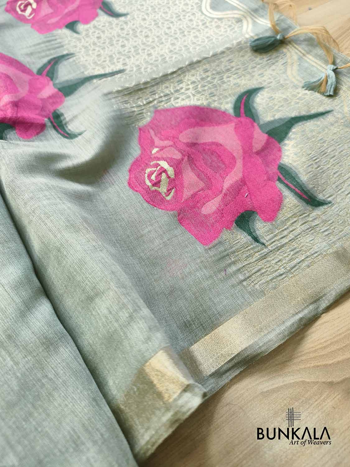 English Pastel Green Big Rose Pallu Weaved Banarasi Cotton Saree