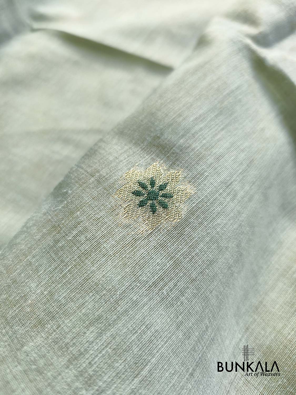 English Pastel Green Big Rose Pallu Weaved Banarasi Cotton Saree