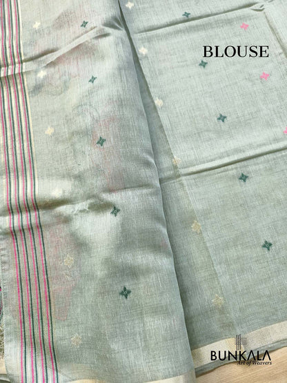 English Pastel Green Big Rose Pallu Weaved Banarasi Cotton Saree