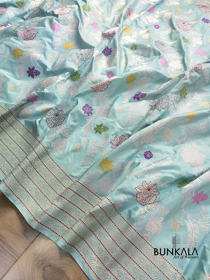 Pastel Sky Blue Pure Katan Silk Silver Zari Hand Woven Kadwa Jangla Floral Design Meenakari Banarasi Saree
