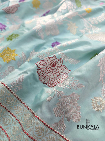 Pastel Sky Blue Pure Katan Silk Silver Zari Hand Woven Kadwa Jangla Floral Design Meenakari Banarasi Saree