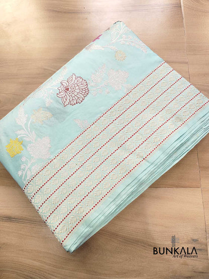 Pastel Sky Blue Pure Katan Silk Silver Zari Hand Woven Kadwa Jangla Floral Design Meenakari Banarasi Saree
