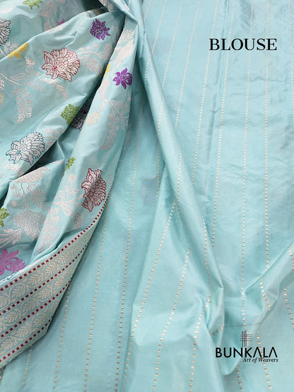 Pastel Sky Blue Pure Katan Silk Silver Zari Hand Woven Kadwa Jangla Floral Design Meenakari Banarasi Saree
