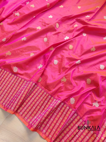Pink Dual Tone Pure Katan Silk Sona Rupa Zari Hand Woven Kadwa Allover Flower Buti Stripe Border Banarasi Saree with Brocade Blouse