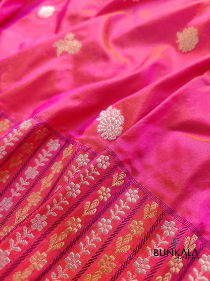 Pink Dual Tone Pure Katan Silk Sona Rupa Zari Hand Woven Kadwa Allover Flower Buti Stripe Border Banarasi Saree with Brocade Blouse