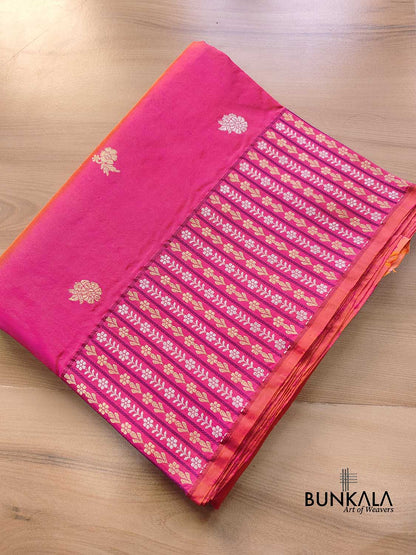 Pink Dual Tone Pure Katan Silk Sona Rupa Zari Hand Woven Kadwa Allover Flower Buti Stripe Border Banarasi Saree with Brocade Blouse