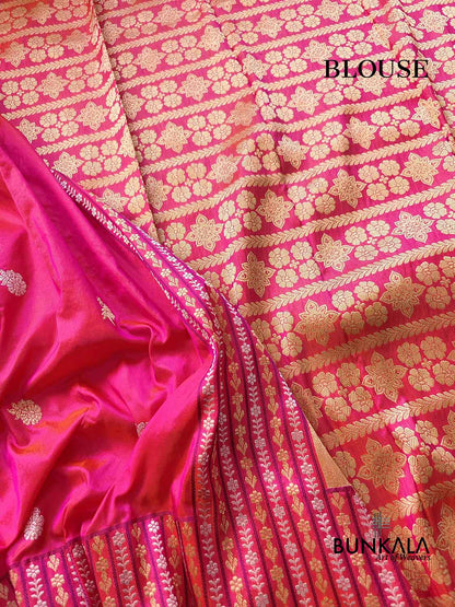 Pink Dual Tone Pure Katan Silk Sona Rupa Zari Hand Woven Kadwa Allover Flower Buti Stripe Border Banarasi Saree with Brocade Blouse