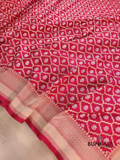 Red Traditional Pure Katan Silk Sona Rupa Zari HandloomJaal Design Banarasi Saree