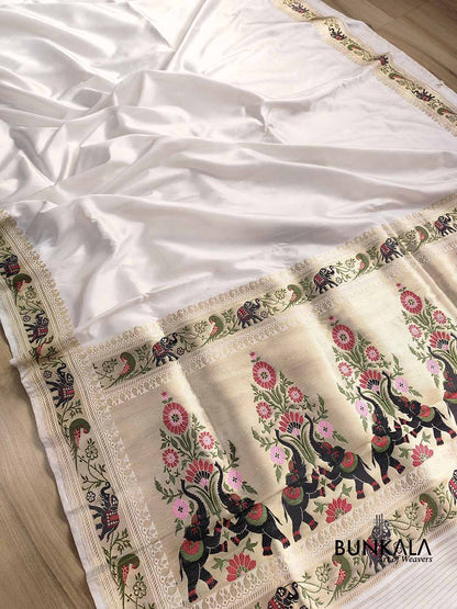 White Pure Katan Silk Hand Weaved Kadwa Meenakari Shikargha Design Plain Banarasi Saree