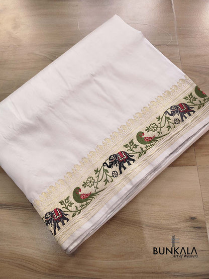 White Pure Katan Silk Hand Weaved Kadwa Meenakari Shikargha Design Plain Banarasi Saree