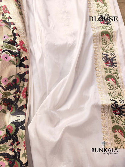 White Pure Katan Silk Hand Weaved Kadwa Meenakari Shikargha Design Plain Banarasi Saree