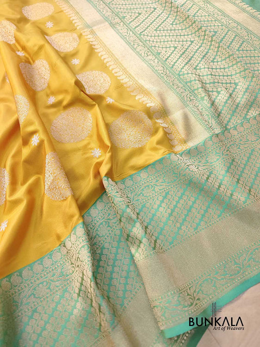 Mustard Yellow Kadwa Hand Weaved Big Round Buta Banarasi Pure Katan Silk Saree Contrast Border