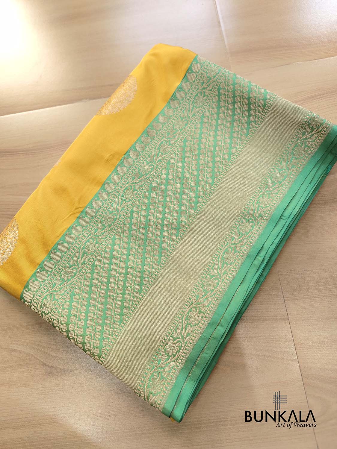 Mustard Yellow Kadwa Hand Weaved Big Round Buta Banarasi Pure Katan Silk Saree Contrast Border