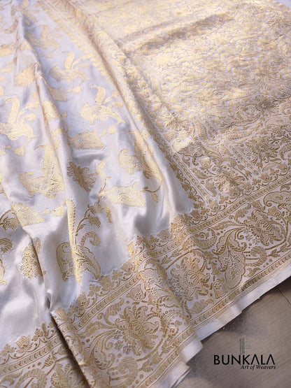 White Traditional Kadwa Jangla Hand Weaved Sona Rupa Banarasi Pure Katan Silk Saree