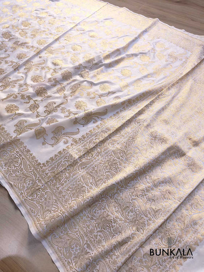 White Traditional Kadwa Jangla Hand Weaved Sona Rupa Banarasi Pure Katan Silk Saree