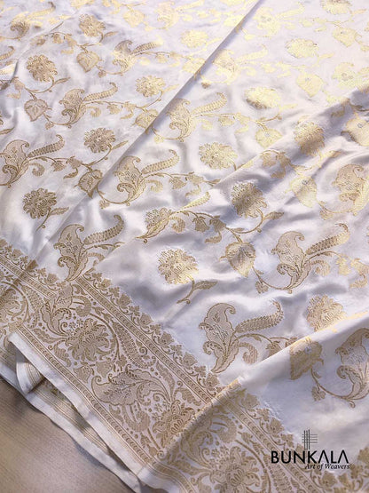 White Traditional Kadwa Jangla Hand Weaved Sona Rupa Banarasi Pure Katan Silk Saree