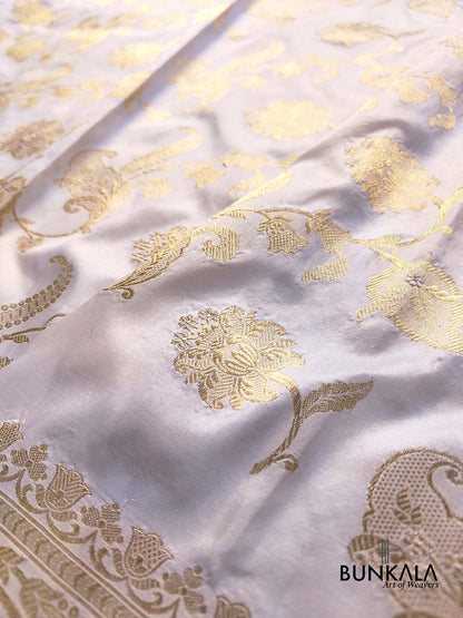 White Traditional Kadwa Jangla Hand Weaved Sona Rupa Banarasi Pure Katan Silk Saree