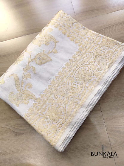 White Traditional Kadwa Jangla Hand Weaved Sona Rupa Banarasi Pure Katan Silk Saree