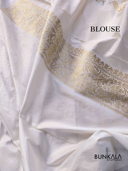 White Traditional Kadwa Jangla Hand Weaved Sona Rupa Banarasi Pure Katan Silk Saree