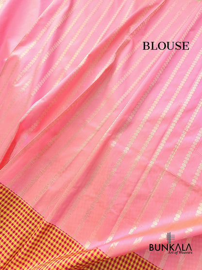 Pastel Pink Checks Border Kadwa Hand Weaved Buta Banarasi Pure Katan Silk Saree