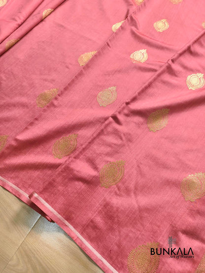 Peach Pink Antique Zari Kadwa Handweaved Buta Banarasi Pure Chiniya Silk Borderless Saree