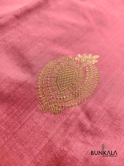 Peach Pink Antique Zari Kadwa Handweaved Buta Banarasi Pure Chiniya Silk Borderless Saree