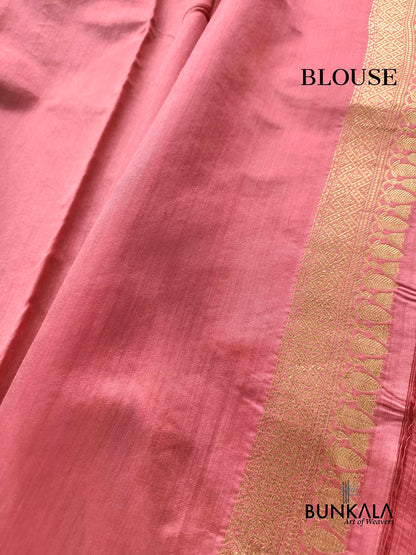 Peach Pink Antique Zari Kadwa Handweaved Buta Banarasi Pure Chiniya Silk Borderless Saree