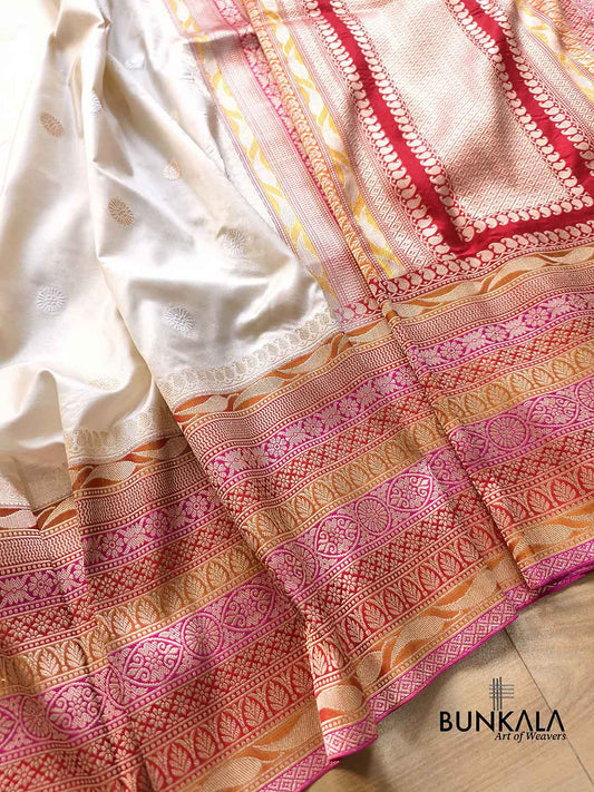 Ivory Kadiyal Multi Border Sona Rupa Round Buti Kadwa Handwoven Banarasi Pure Katan Silk Saree