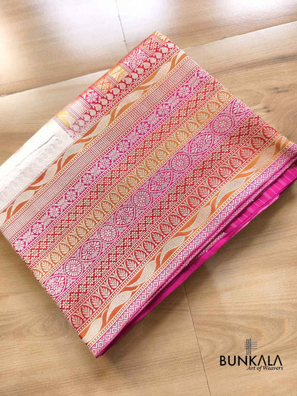 Ivory Kadiyal Multi Border Sona Rupa Round Buti Kadwa Handwoven Banarasi Pure Katan Silk Saree