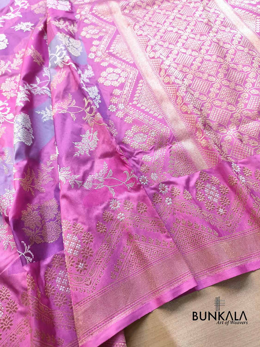 Gazri Pink Rangkat Floral Jaal Geometric Pallu Kadwa Handweaved Banarasi Pure Katan Silk Saree