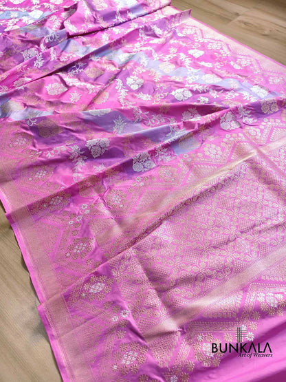 Gazri Pink Rangkat Floral Jaal Geometric Pallu Kadwa Handweaved Banarasi Pure Katan Silk Saree