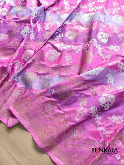 Gazri Pink Rangkat Floral Jaal Geometric Pallu Kadwa Handweaved Banarasi Pure Katan Silk Saree