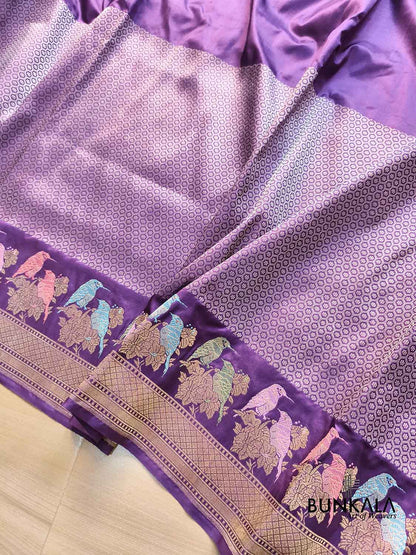 Purple Birds Border Brocade Tanchui Handloom Banarasi Pure Katan Silk Saree