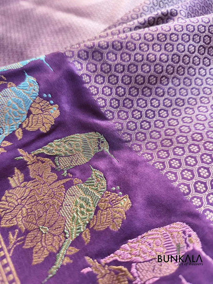 Purple Birds Border Brocade Tanchui Handloom Banarasi Pure Katan Silk Saree