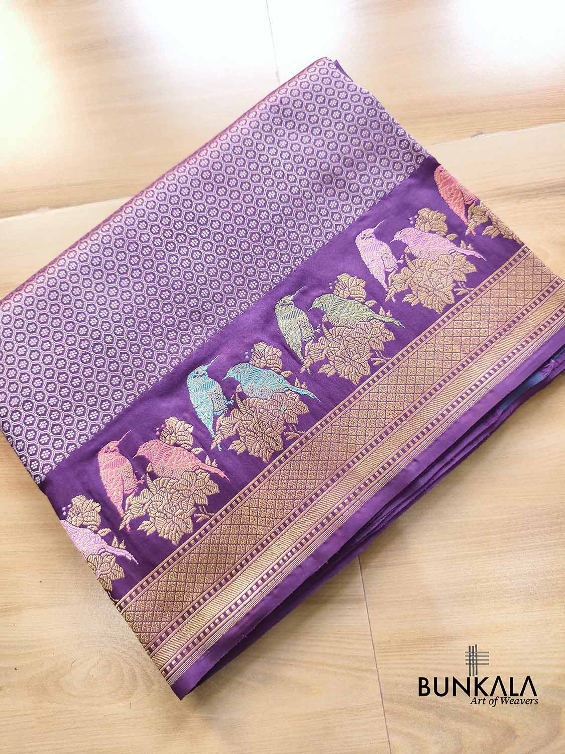 Purple Birds Border Brocade Tanchui Handloom Banarasi Pure Katan Silk Saree