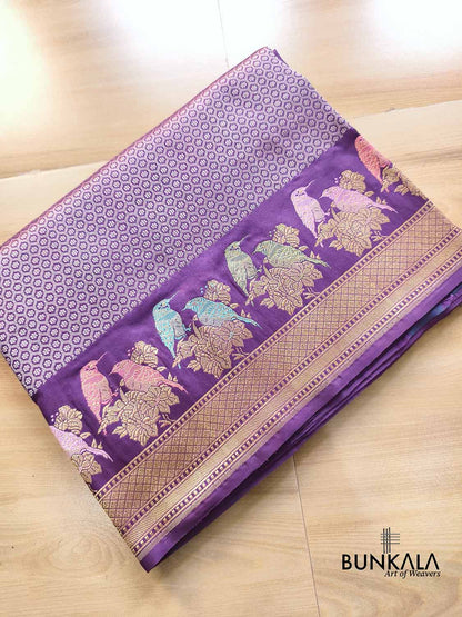 Purple Birds Border Brocade Tanchui Handloom Banarasi Pure Katan Silk Saree
