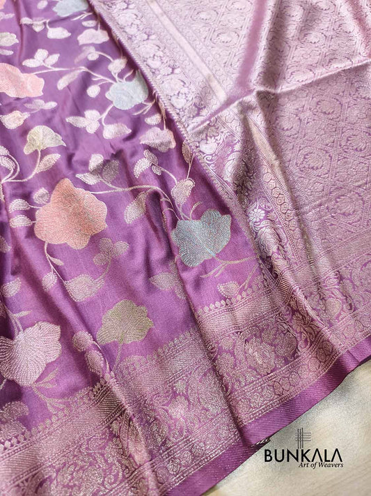 Mauve Purple Meenakari Big Leaf Jaal Weaved Banarasi Silk Saree