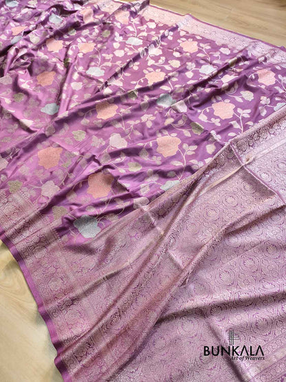 Mauve Purple Meenakari Big Leaf Jaal Weaved Banarasi Silk Saree
